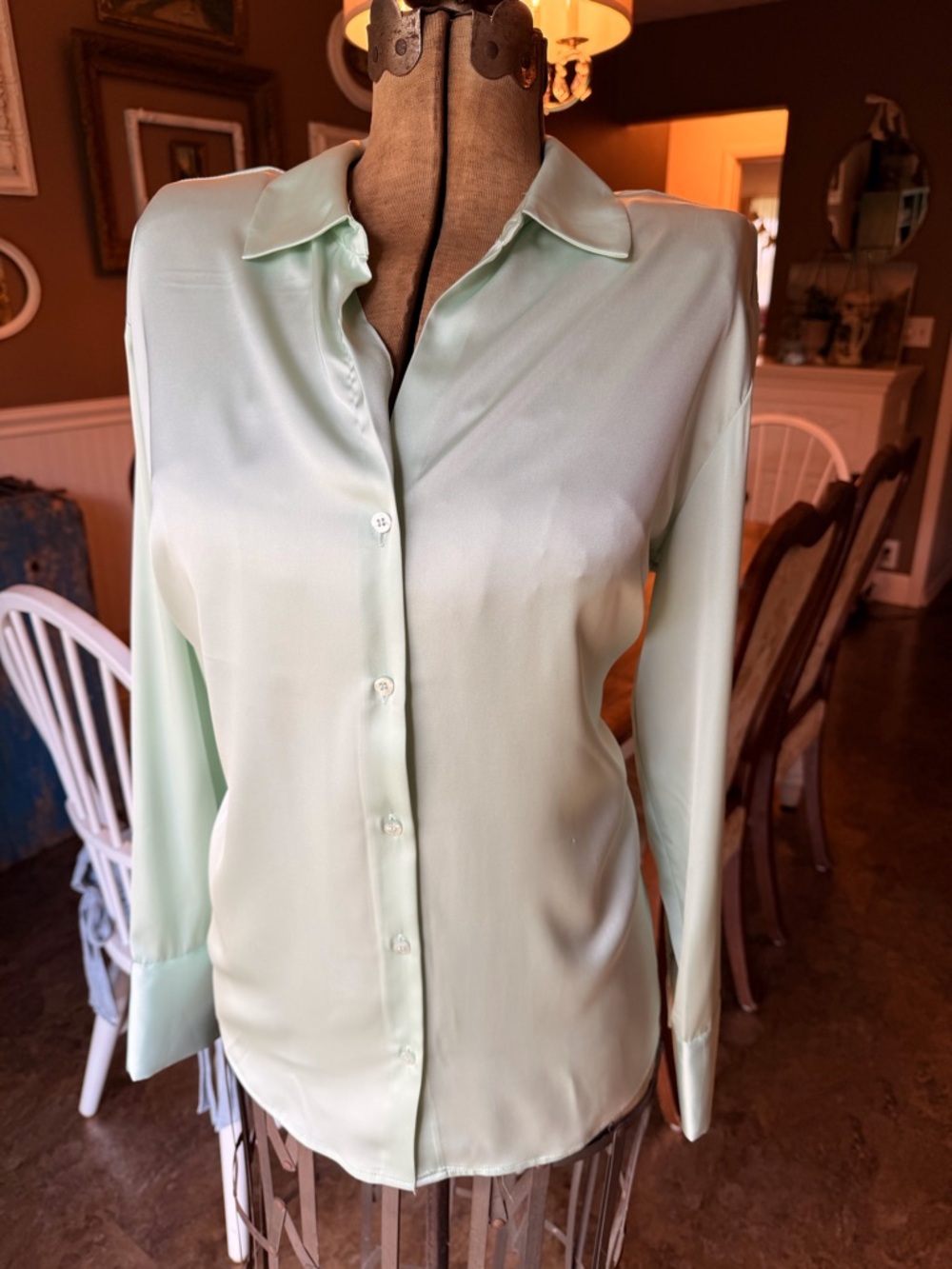Women's Mint Green Satin Button-Down Shirt NWT - Picture 2 of 8